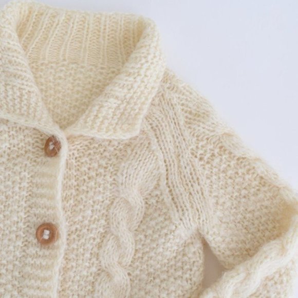 Handmade Chunky Cable Knit Natural Cream Long Sleeve Sweater Cardigan - Picture 10 of 10